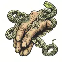 A script hand tattoo that reads "Ariyah" and has one single snake going from the ring finger slithering through the name tattoo design idea