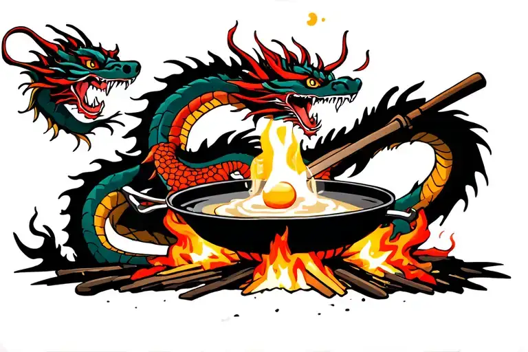 japanese dragon over a camp fire flipping an egg in a skillet tattoo design idea