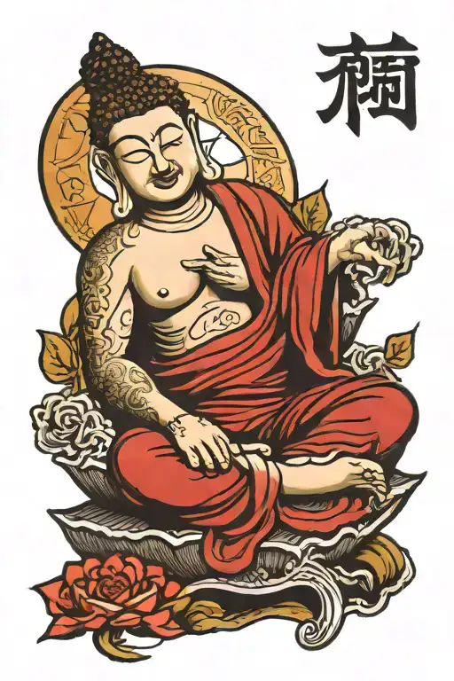 buddha sitting side with the word 'Redemption' tattoo design idea