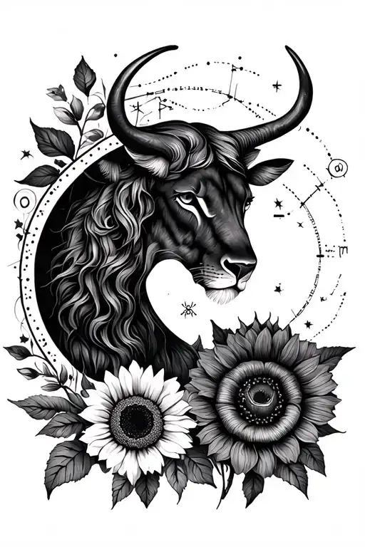 leo and taurus zodiac sign with constellations, waning crescent moon, sunflowers, roses, poppies, venus and sun tattoo design idea