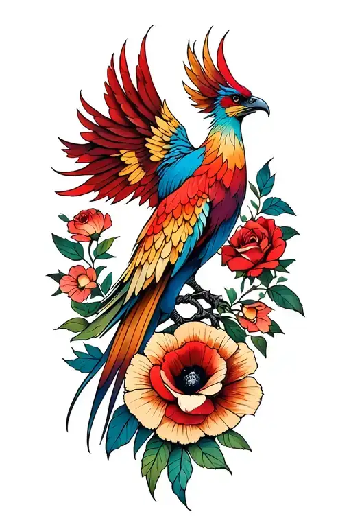 Modern phoenix with a rose, a poppy and a veronic, all in color tattoo design idea