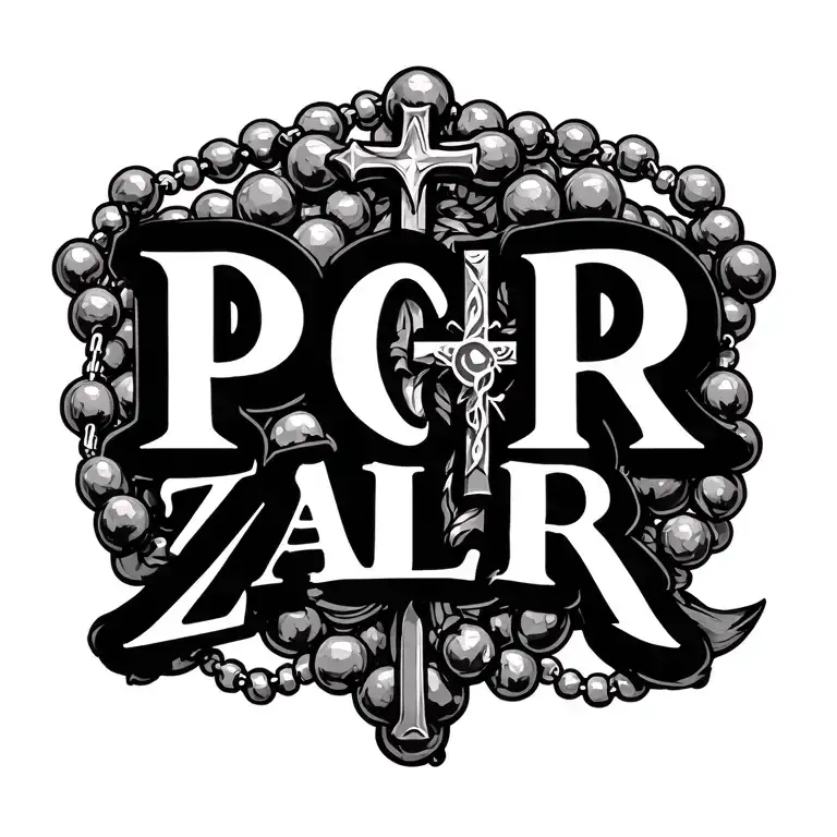 Initials PCR ZJR and ALR surrounded by rosary beads tattoo design idea