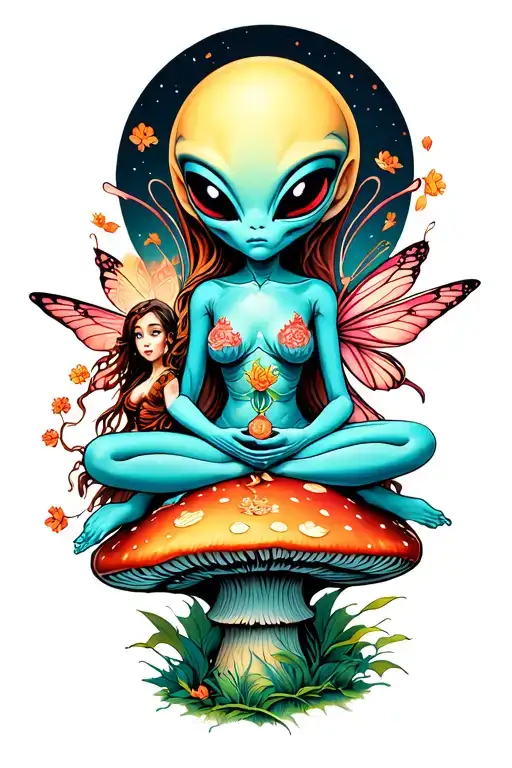 enlightened alien sitting with a fairy on a mushroom tattoo design idea
