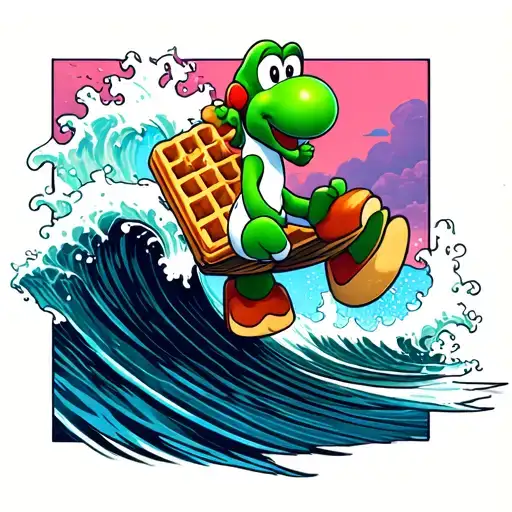 Gir riding on the back of Yoshi who is riding a waffle and surfing on a wave of maple syrup tattoo design idea