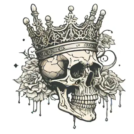 emperor tarot card style, crowned skull that's half-shattered, bright background with some small dark evil eyes tattoo design idea