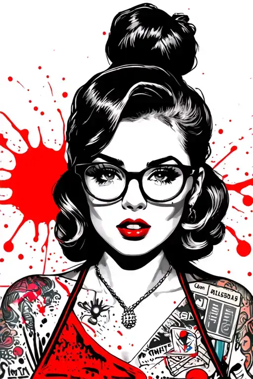 pinup, scrubs, messy bun, glasses, cute,id badge, nails, big boobs,side view tattoo design idea