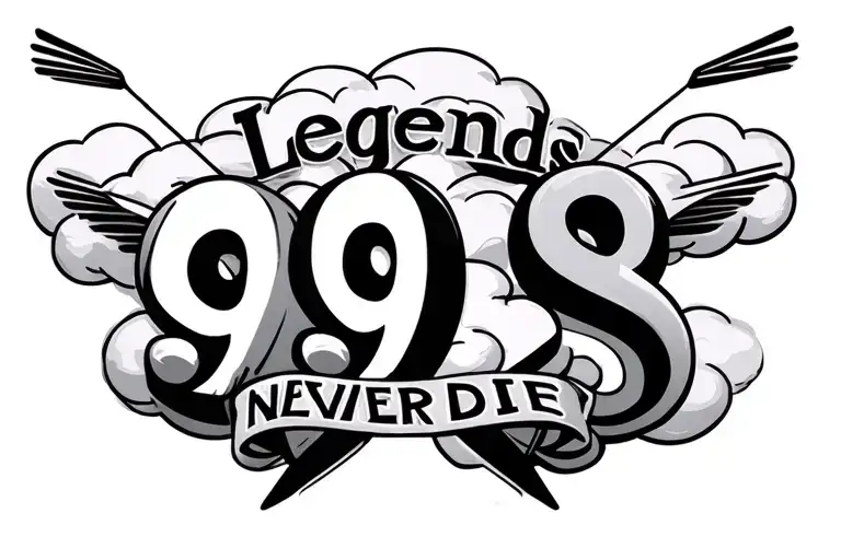 three number 9s side by side with a cloud and angles over it and in between the 9s says legends never die tattoo design idea