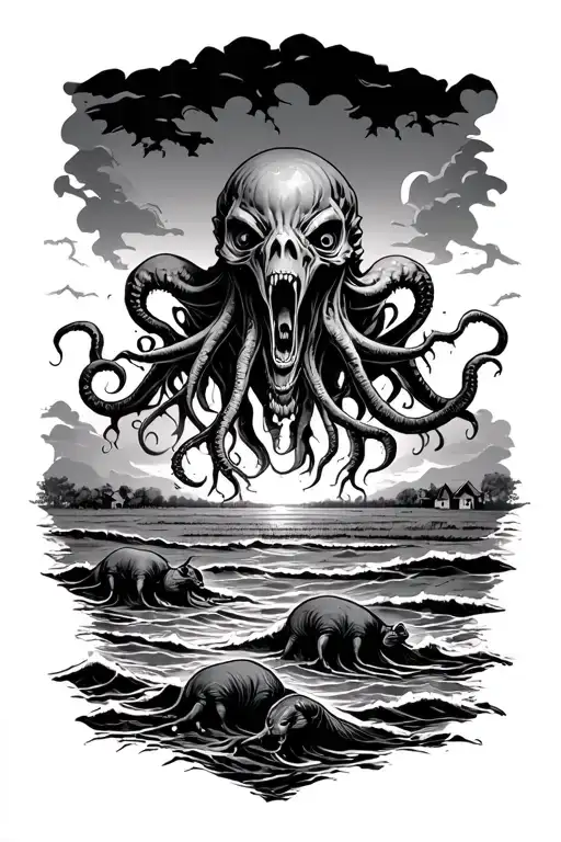 cthulhu rising from the ocean in front of a farm field at night, include rats, screaming trees with skulls embedd tattoo design idea