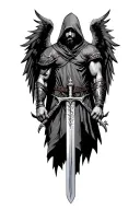 Warrior Angels masculine man with hood on and sword tattoo design idea