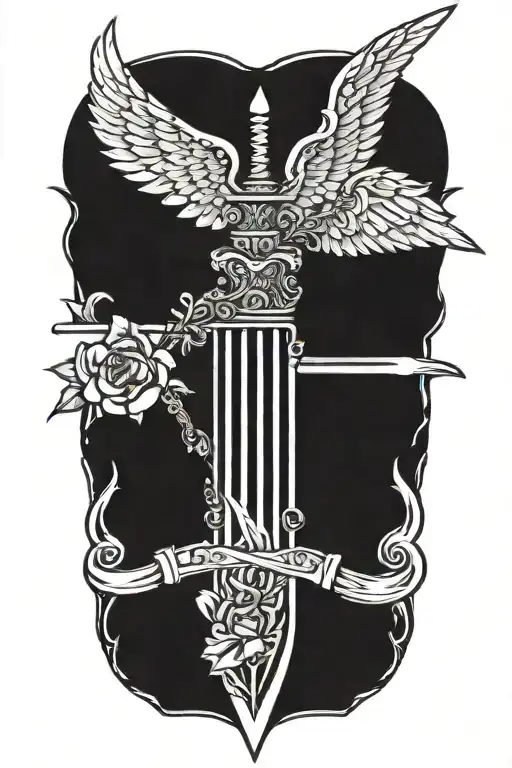 angel wings behind sword, roses tattoo design idea