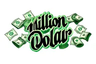 "Million Dollar Oww" lettering in cursive black outline filled in green fading to white. background of money signs & rolls of $100 bills tattoo design idea