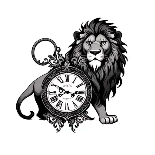 lion and clock tattoo design idea