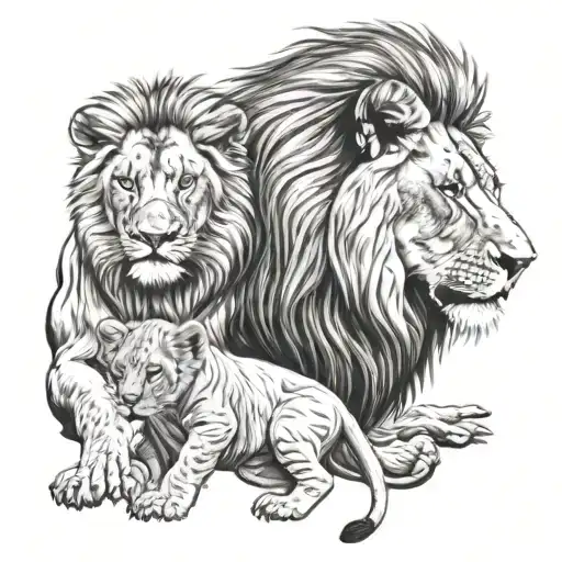 lion and 2 cubs playing tattoo design idea