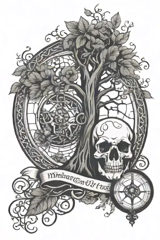 skull that says memento mori, celtic tree of life that says memento vivere, and an hour glass that says tempus fugit tattoo design idea