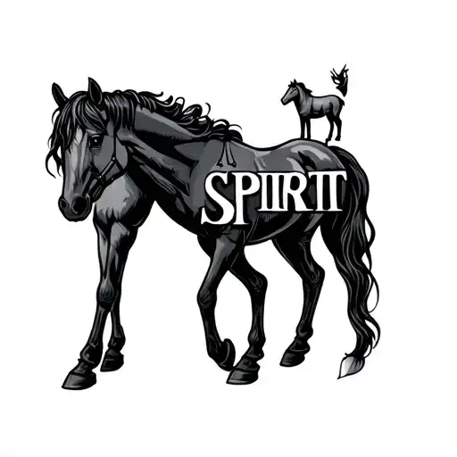 The word "SPIRIT" with defined letters and a small horse for the first I that stays on his back hoves tattoo design idea