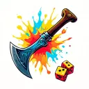 battle axe with  dice in the handle splashes of bold colours  tattoo design idea