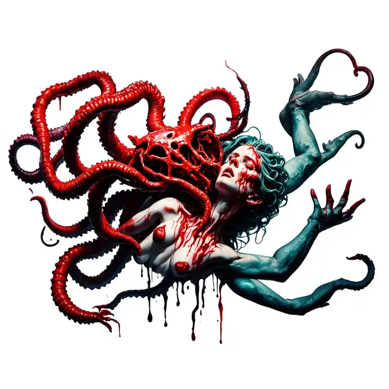 full body blood-thirsty medusa  that is sexy and deadly holding severed head above in the air tattoo design idea