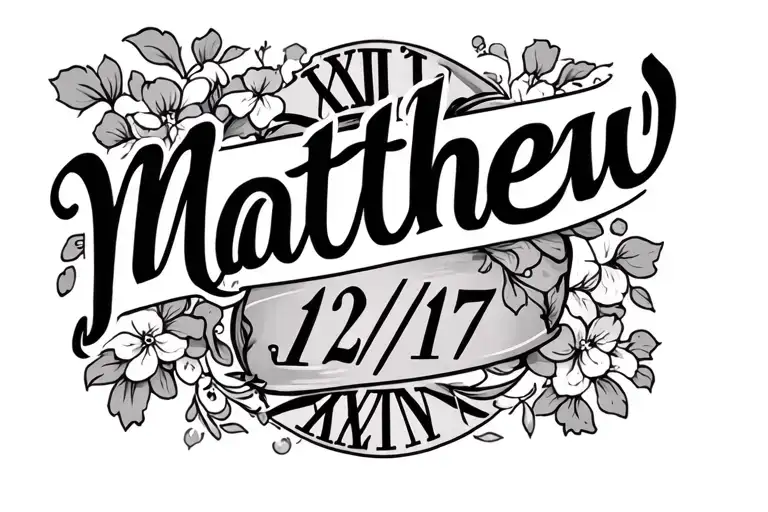 the name matthew in cursive with roman numerals in the background of the birthdate 12/17 tattoo design idea