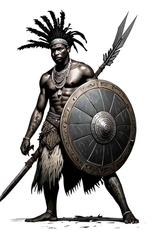 African Warrior With Spear aND Shield, wearing animal hide tattoo design idea
