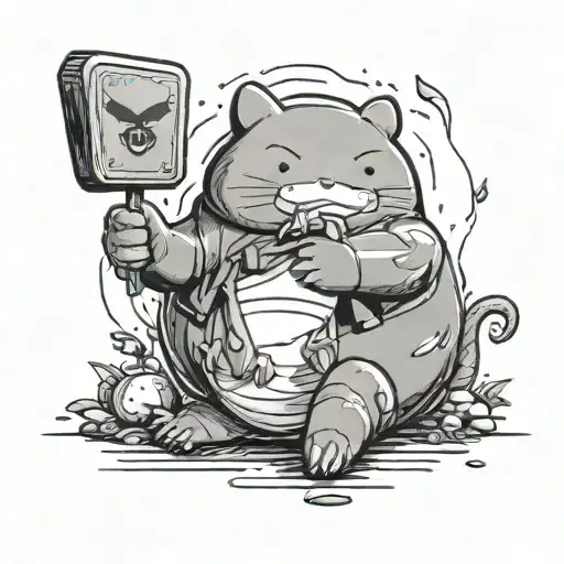 snorlax and psyduck wearing black ties wearing chuck taylor shoes whiule holding an acorn and dental floss tattoo design idea