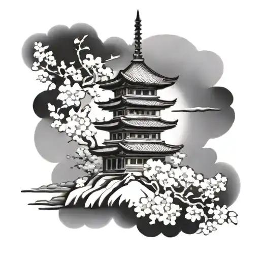 a pagoda coming out in prospective of a rectangular japanese charm tattoo design idea