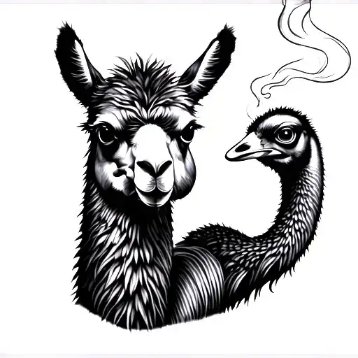 llama and an emu smoking tattoo design idea