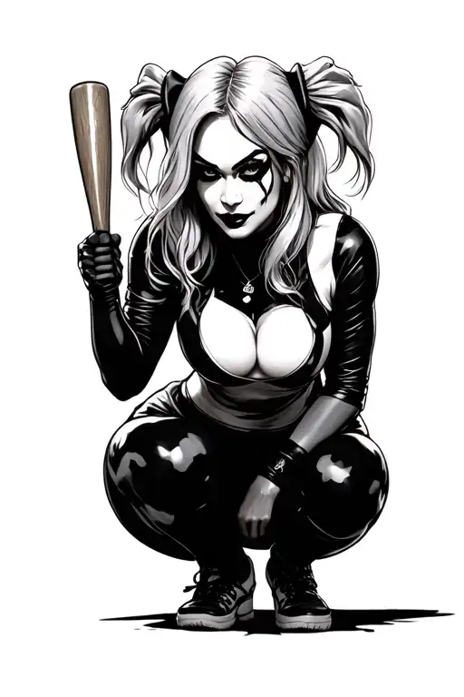 Harley Quinn squatting with a baseball bat tattoo design idea
