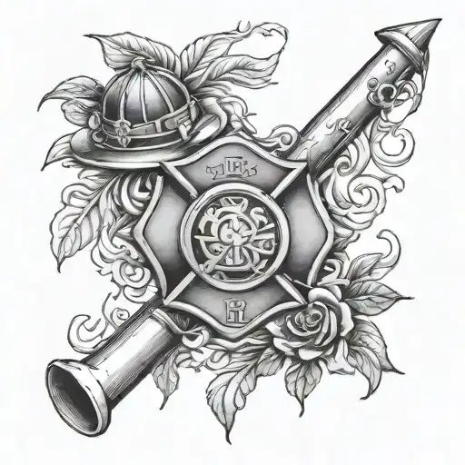 Design a tattoo of a firefighter/emt emblem with a Roman laurel wreath and musical instruments intertwined tattoo design idea