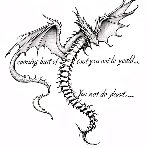 Spine tattoo, dragon with wings, strong but feminine, coming out of books, fairydust around and text you do not yeald tattoo design idea