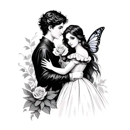 backwoods boy with fairy tale princess holding a rose tattoo design idea