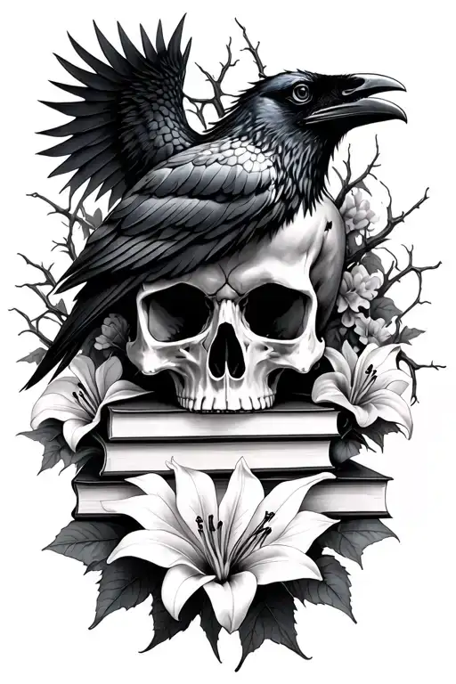 skull,raven, books, gothic, thorn vines, lillies, black and gray  tattoo design idea