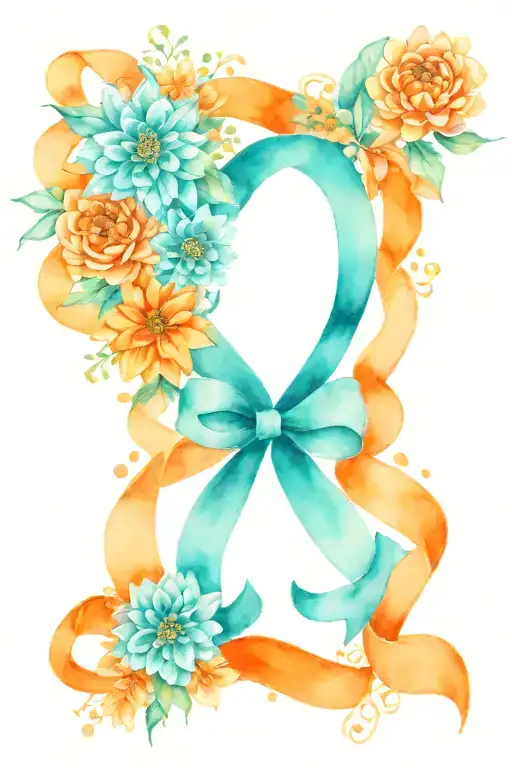 blue heart in teal ribbon with orange Dahlia flowers tattoo design idea