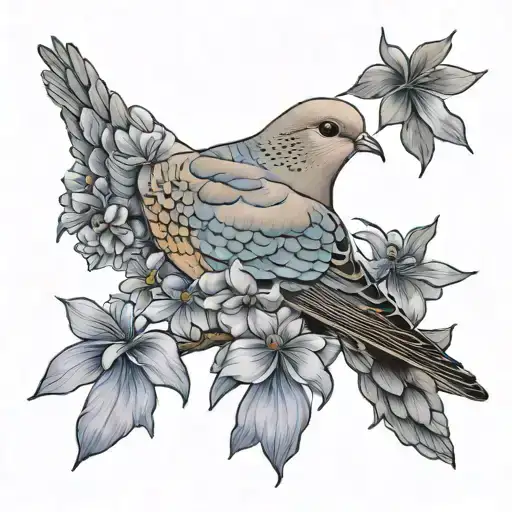 Mourning Dove carrying a Common blue violet and a Colorado blue columbine tattoo design idea