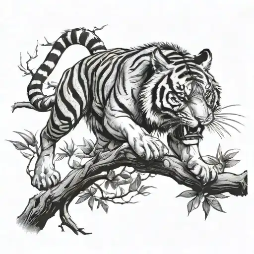 aggressive tiger crawling on tree branch tattoo design idea