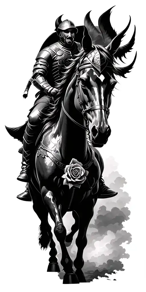 armoured war horse with rider, fighting demons, with roses intertwined tattoo design idea