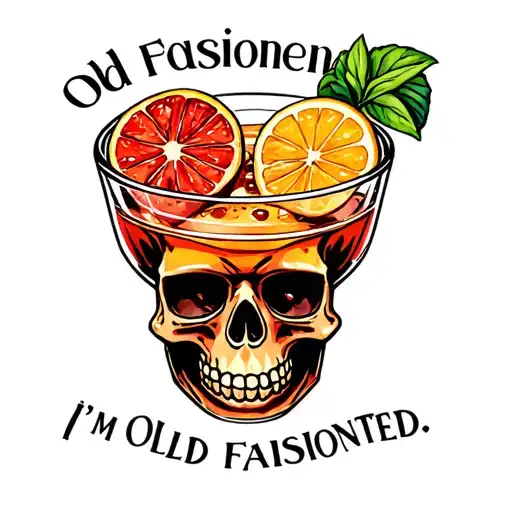 "I'm old fasioned." "I'm old fasioned." An old fashioned cocktail with skull shaped fruit. tattoo design idea