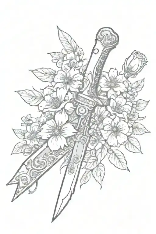 mafia switch blade knife with flowers tattoo design idea