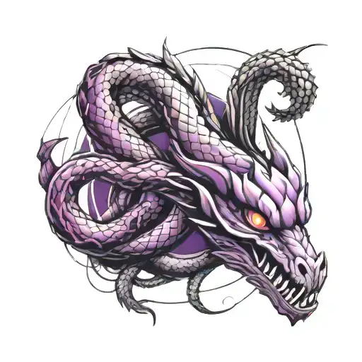 Create a vibrant tattoo combining snakes and dragons in a futuristic outer space with a dominant palette of purple and r tattoo design idea