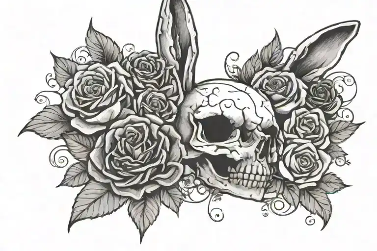 playboy bunny, skull, roses and name written tattoo design idea