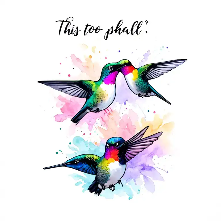 Watercolor look, text should say “This too shall pass”, three hummingbirds, modern aesthetic   tattoo design idea