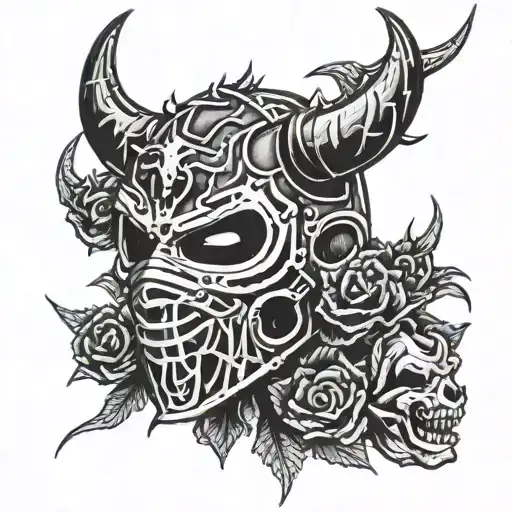 Devil with ice hockey goalie mask with thorns and spikes tattoo design idea