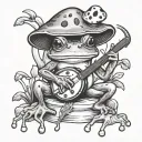 frog playing banjo under mushroom tattoo design idea