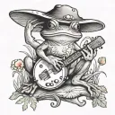 frog playing banjo under mushroom tattoo design idea
