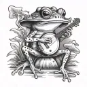 frog playing banjo under mushroom tattoo design idea