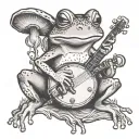 frog playing banjo under mushroom tattoo design idea