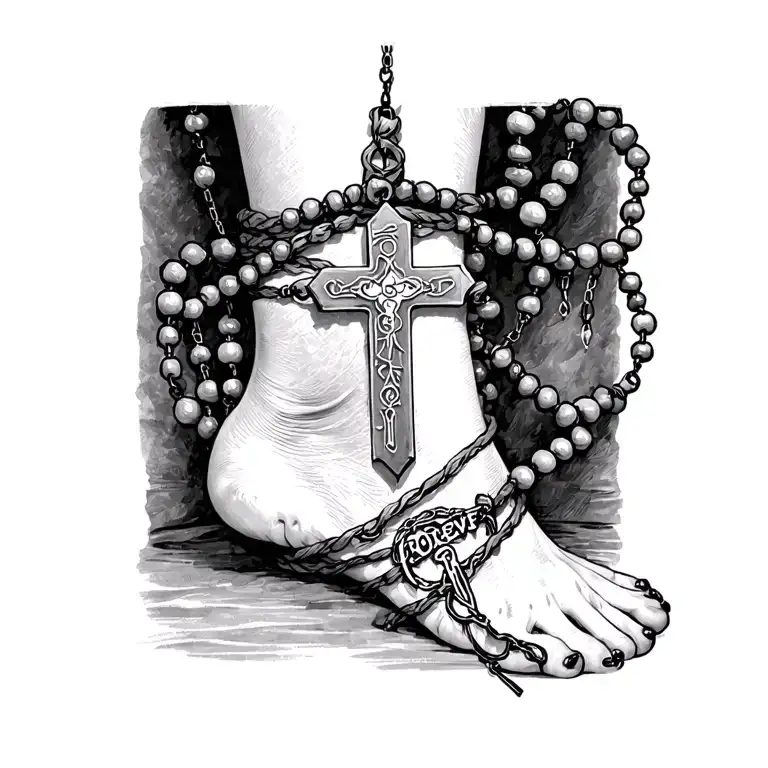 rosary beads wrapping around ankle with small cross just below ankle with words OOTB Forever  tattoo design idea