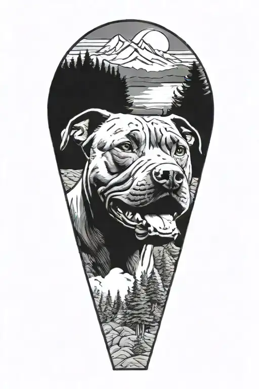 light looking pitbull dog with background of trees and mountains  tattoo design idea