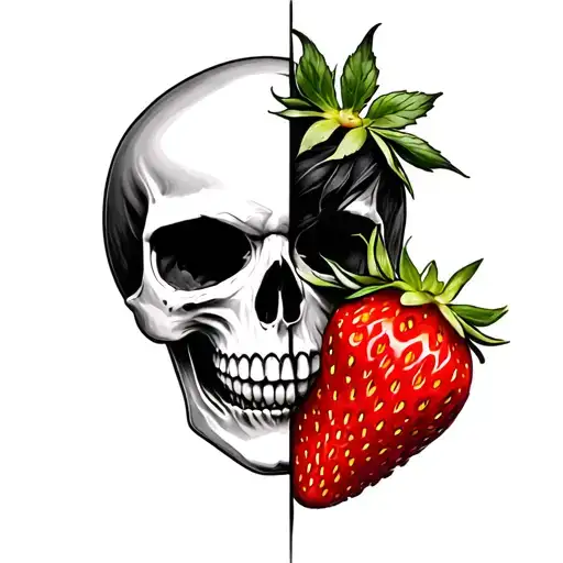 half a skull face half a strawberry tattoo design idea