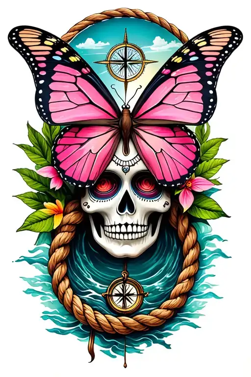 Left cuff, tree of life, sea rope, compass, wind pink, santa muerte, butterfly with the head of the head of Mo tattoo design idea