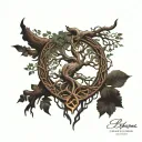 Yggdrasil tree with Odin underneath who hanged himself on it, runes and Freya tattoo design idea